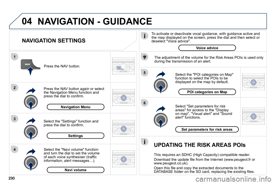 PEUGEOT 308 CC 2010  Owners Manual 04
5 
6
3
2
1
4
  NAVIGATION SETTINGS 
� � �S�e�l�e�c�t� �"�S�e�t� �p�a�r�a�m�e�t�e�r�s� �f�o�r� �r�i�s�k� �a�r�e�a�s�"� �f�o�r� �a�c�c�e�s�s� �t�o� �t�h�e� �"�D�i�s�p�l�a�y� �o�n� �m�a�p�