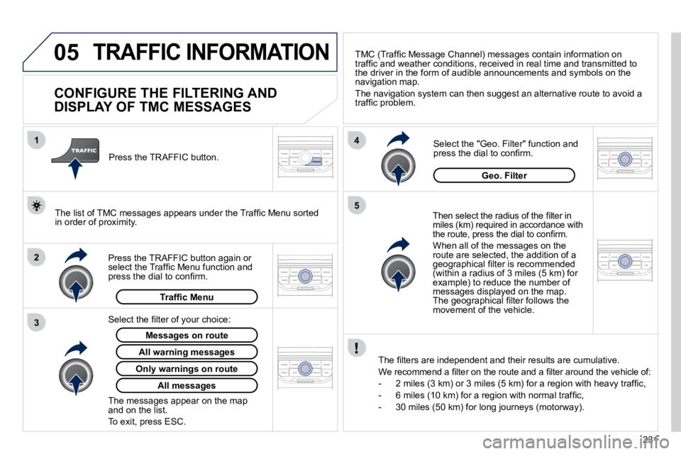 PEUGEOT 308 CC 2010  Owners Manual 05
2
1
3
4
5
231
TRAFFIC INFORMATION 
          CONFIGURE THE FILTERING AND  
DISPLAY OF TMC MESSAGES 
� � �T�h�e�n� �s�e�l�e�c�t� �t�h�e� �r�a�d�i�u�s� �o�f� �t�h�e� �ﬁ� �l�t�e�r� �i�n� �m�i�l�e�s�