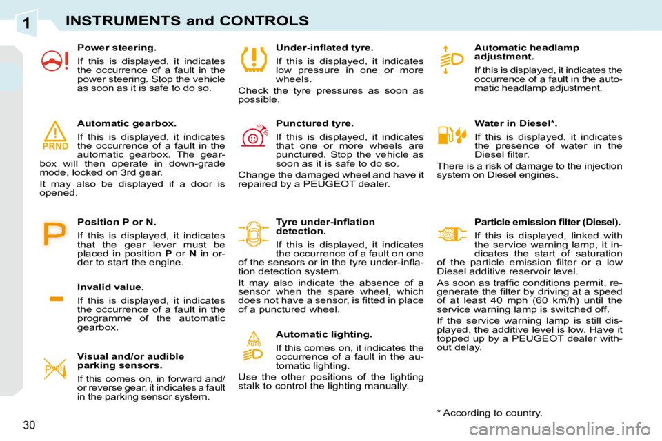 PEUGEOT 308 CC 2010  Owners Manual 1
AUTO
PRND
30
INSTRUMENTS and CONTROLS
   Water in Diesel * .  
� �I�f�  �t�h�i�s�  �i�s�  �d�i�s�p�l�a�y�e�d�,�  �i�t�  �i�n�d�i�c�a�t�e�s�  
�t�h�e�  �p�r�e�s�e�n�c�e�  �o�f�  �w�a�t�e�r�  �i�n�  �