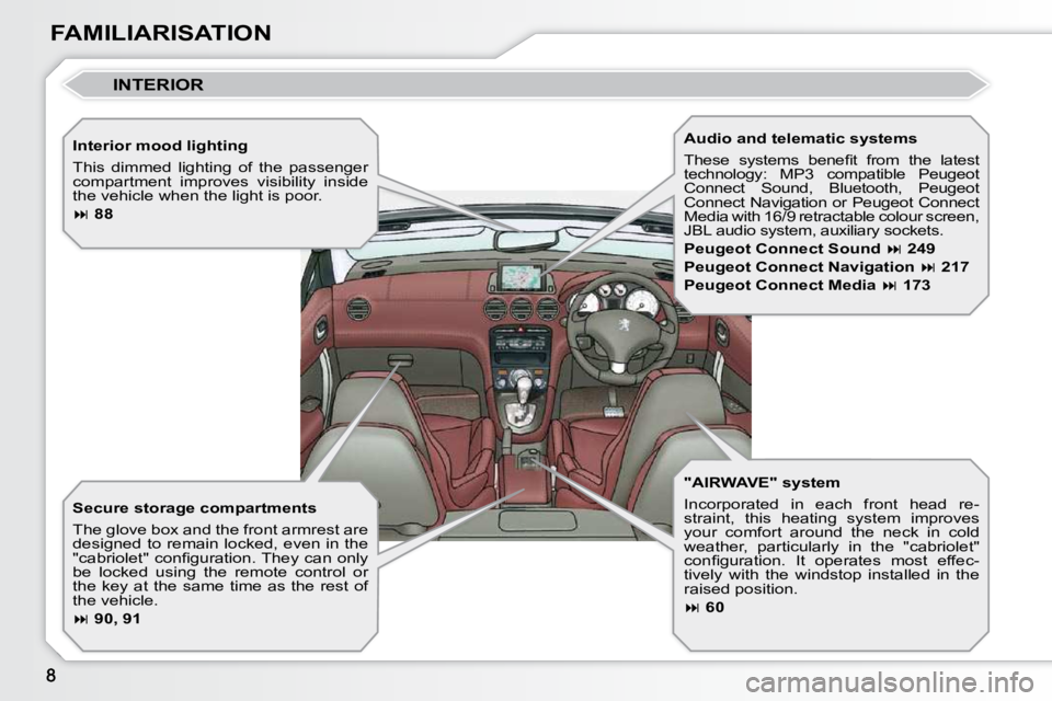 PEUGEOT 308 CC 2010  Owners Manual FAMILIARISATION  Interior mood lighting  
� �T�h�i�s�  �d�i�m�m�e�d�  �l�i�g�h�t�i�n�g�  �o�f�  �t�h�e�  �p�a�s�s�e�n�g�e�r�  
�c�o�m�p�a�r�t�m�e�n�t�  �i�m�p�r�o�v�e�s�  �v�i�s�i�b�i�l�i�t�y�  �i�n�s