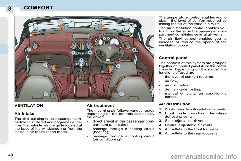 PEUGEOT 308 CC 2010 Service Manual 3
�4�8� 
COMFORT
VENTILATION   Air treatment  
� �T�h�e� �i�n�c�o�m�i�n�g� �a�i�r� �f�o�l�l�o�w�s� �v�a�r�i�o�u�s� �r�o�u�t�e�s�  
�d�e�p�e�n�d�i�n�g�  �o�n�  �t�h�e�  �c�o�n�t�r�o�l�s�  �s�e�l�e�c�t�