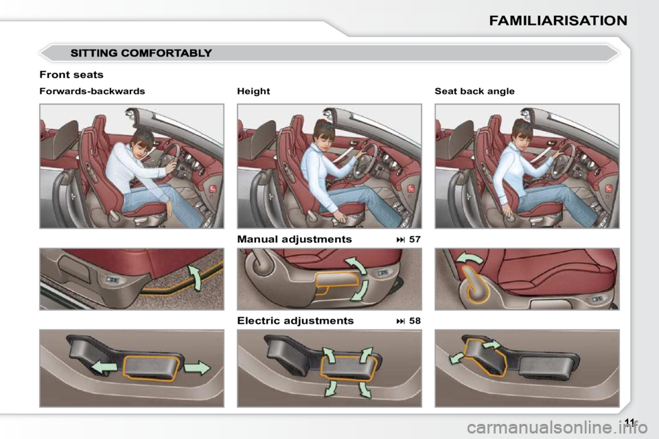 PEUGEOT 308 CC 2010  Owners Manual FAMILIARISATION
  Front seats 
  Manual adjustments  
  Electric adjustments 
  Forwards-backwards  
  
 
�   57    
  
 
�   58     Seat back angle   
  Height                 