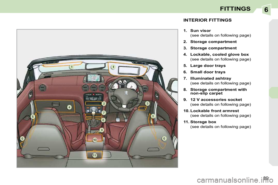 PEUGEOT 308 CC 2010  Owners Manual 6
89
FITTINGS
INTERIOR FITTINGS 
   
1.     Sun visor    
�  �(�s�e�e� �d�e�t�a�i�l�s� �o�n� �f�o�l�l�o�w�i�n�g� �p�a�g�e�)�  
  
2.     Storage compartment   
  
3.     Storage compartment   
  
4.  