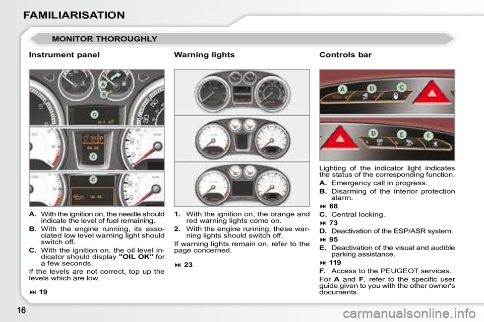 PEUGEOT 308 CC 2008  Owners Manual FAMILIARISATION
 MONITOR THOROUGHLY 
  Instrument panel   Controls bar 
   
A.    With the ignition on, the needle should 
indicate the level of fuel remaining. 
  
B.    With  the  engine  running,  