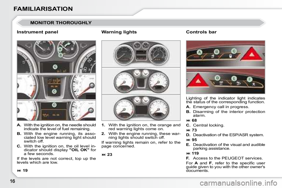 PEUGEOT 308 CC 2008 User Guide FAMILIARISATION
 MONITOR THOROUGHLY 
  Instrument panel   Controls bar 
   
A.    With the ignition on, the needle should 
indicate the level of fuel remaining. 
  
B.    With  the  engine  running,  