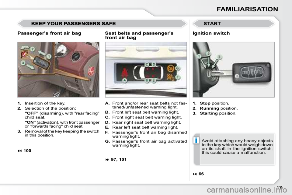 PEUGEOT 308 CC 2008 User Guide i
FAMILIARISATION
  Passenger's front air bag 
 START 
   
1.    Insertion of the key. 
  
2.    Selection of the position:  
    "OFF"   (disarming), with "rear facing" 
child seat,  
   