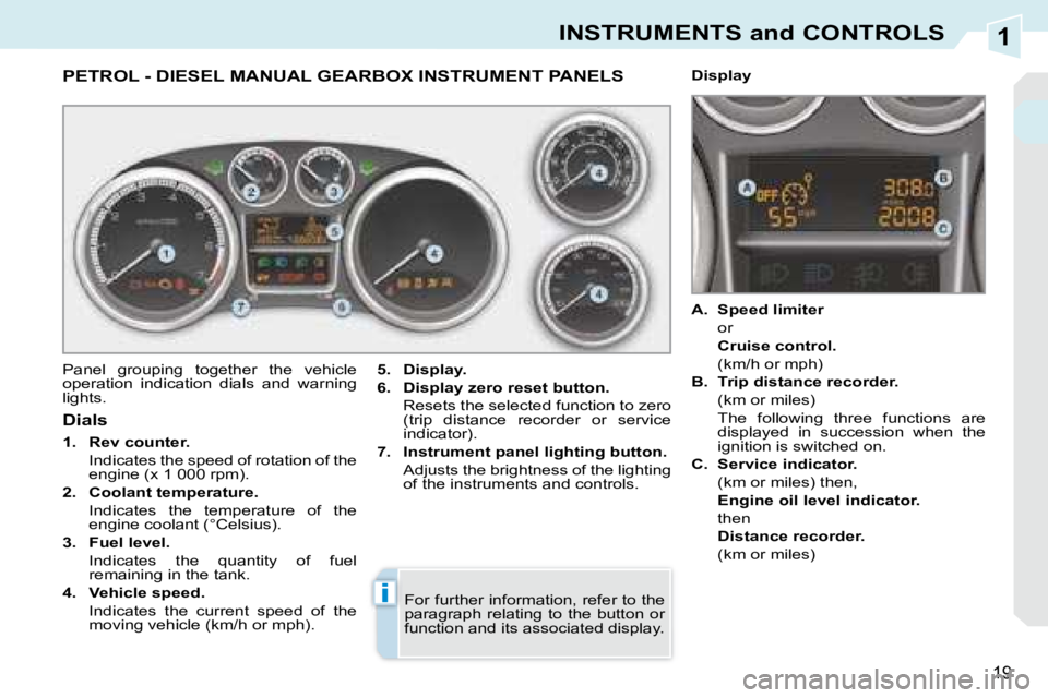 PEUGEOT 308 CC 2008 User Guide 1
i
19
INSTRUMENTS and CONTROLS
             PETROL - DIESEL MANUAL GEARBOX INSTRUMENT PANELS 
 Panel  grouping  together  the  vehicle  
operation  indication  dials  and  warning 
lights.   
5.     