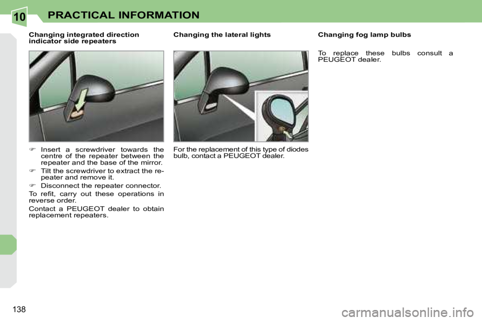PEUGEOT 308 CC 2008  Owners Manual 10
138
PRACTICAL INFORMATION
  Changing integrated direction  
indicator side repeaters  
   
� � �  �I�n�s�e�r�t�  �a�  �s�c�r�e�w�d�r�i�v�e�r�  �t�o�w�a�r�d�s�  �t�h�e� 
centre  of  the  repeater