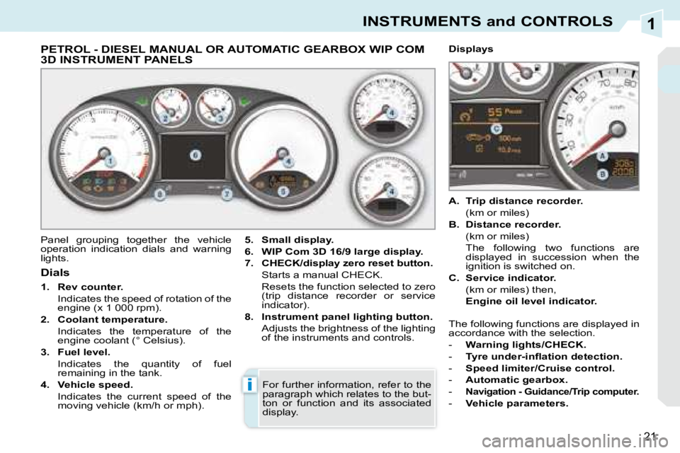PEUGEOT 308 CC 2008 Owners Manual 1
i
21
INSTRUMENTS and CONTROLS
PETROL - DIESEL MANUAL OR AUTOMATIC GEARBOX WIP COM 3D INSTRUMENT PANELS
Panel grouping together the vehicle
operation indication dials and war PEUGEOT 308 CC 2008 Owners Manual 1
i
21
INSTRUMENTS and CONTROLS
PETROL - DIESEL MANUAL OR AUTOMATIC GEARBOX WIP COM 3D INSTRUMENT PANELS
Panel grouping together the vehicle
operation indication dials and war