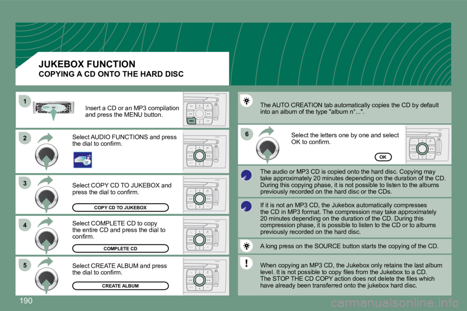PEUGEOT 308 CC 2008  Owners Manual 190
ESC
MENU LIST
ESC
MENU LIST
ESC
MENU LIST
ESC
MENU LIST
ESC
MENU LIST
11
22
33
55
66
44
COPY CD TO JUKEBOX
COMPLETE CD
CREATE ALBUM
OK
 Select COPY CD TO JUKEBOX and �p�r�e�s�s� �t�h�e� �d�i�a�l� 