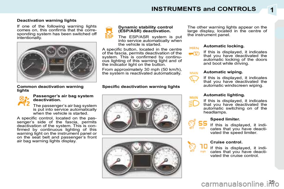 PEUGEOT 308 CC 2008 Owners Manual 1
25
INSTRUMENTS and CONTROLS
   Deactivation warning lights  
 If  one  of  the  following  warning  lights  
�c�o�m�e�s�  �o�n�,�  �t�h�i�s�  �c�o�n�ﬁ� �r�m�s�  �t�h�a�t�  �t�h�e�  �c�o�r�r�e�-
sp