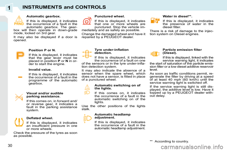 PEUGEOT 308 CC 2008  Owners Manual 1
30
INSTRUMENTS and CONTROLS
   Water in diesel ** .  
 If  this  is  displayed,  it  indicates  
the  presence  of  water  in  the 
�d�i�e�s�e�l� �ﬁ� �l�t�e�r�.� 
 There  is  a  risk  of  damage  