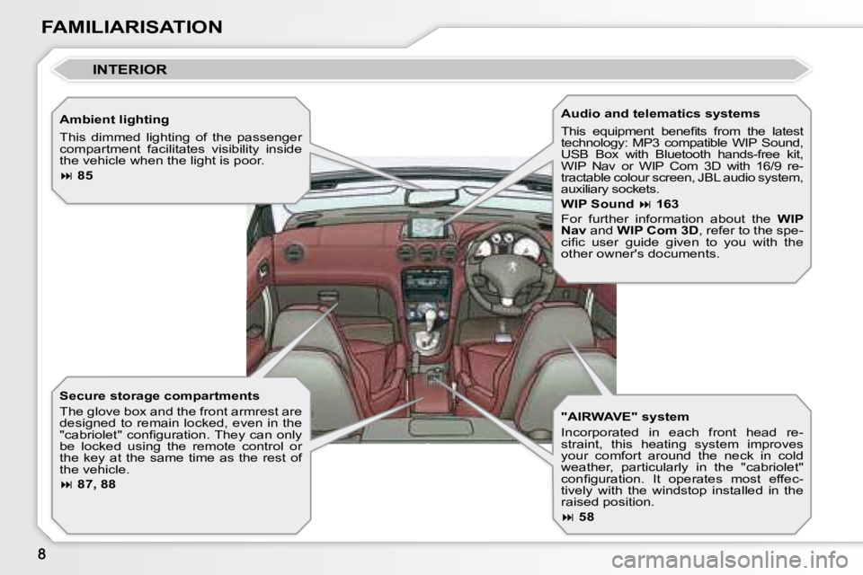 PEUGEOT 308 CC 2008  Owners Manual FAMILIARISATION  Ambient lighting  
 This  dimmed  lighting  of  the  passenger  
compartment  facilitates  visibility  inside 
the vehicle when the light is poor.  
  
 
�   85    
  Secure storag
