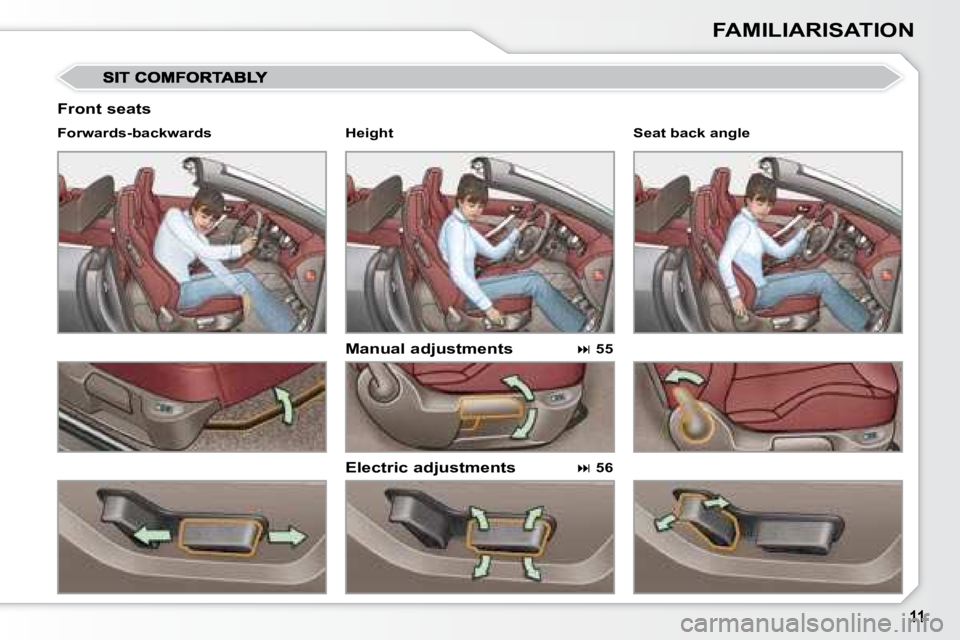 PEUGEOT 308 CC 2008  Owners Manual FAMILIARISATION
  Front seats 
  Manual adjustments  
  Electric adjustments 
  Forwards-backwards  
  
 
�   55    
  
 
�   56     Seat back angle   
  Height                 