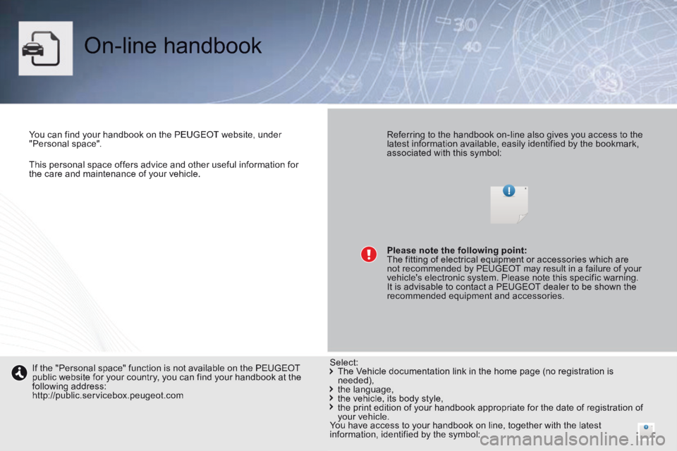 PEUGEOT 308 CC 2013  Owners Manual    This personal space offers advice and other useful information for the care and maintenance of your vehicle.   
 On-line  handbook  
  You can find your handbook on the PEUGEOT website, under "Pers