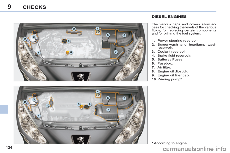 PEUGEOT 308 CC 2013  Owners Manual 9
134
CHECKS
DIESEL ENGINES 
 The various caps and covers allow ac-
cess for checking the levels of the various 
ﬂ uids,  for  replacing  certain  components 
and for priming the fuel system. 
   1.