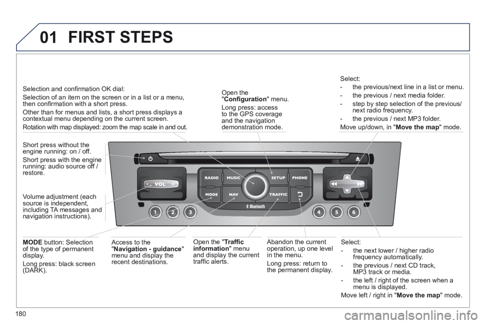 PEUGEOT 308 CC 2013  Owners Manual 01
180
  Select: 
   -   the next lower / higher radio frequency automatically. 
  -   the previous / next CD track, MP3 track or media. 
  -   the left / right of the screen when a menu is displayed.