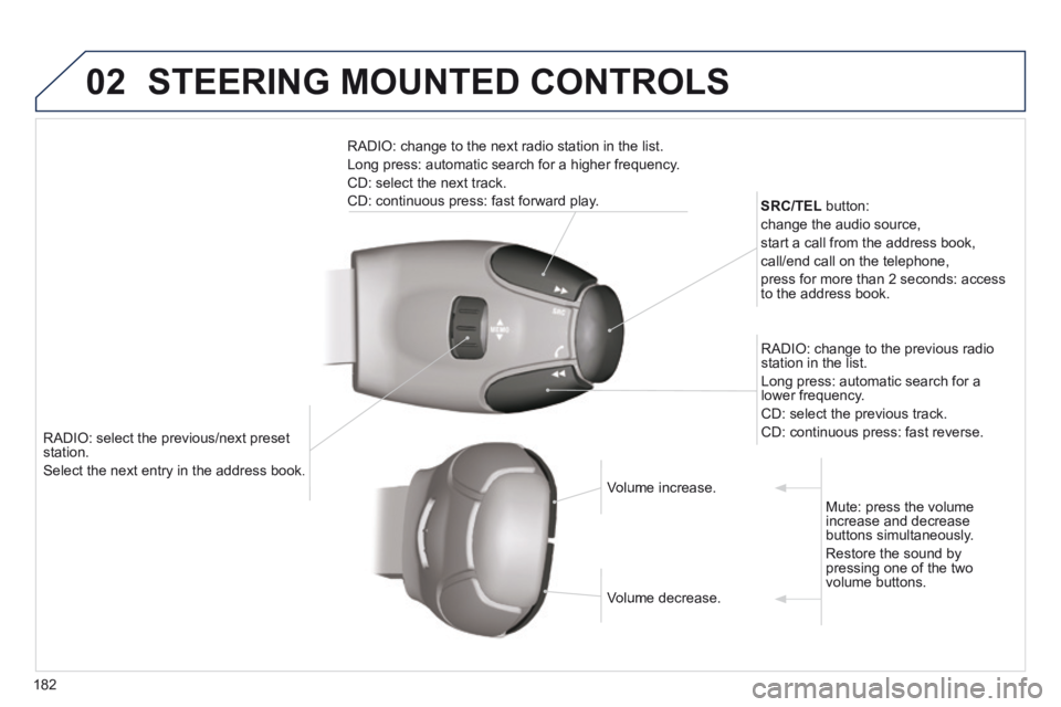 PEUGEOT 308 CC 2013  Owners Manual 02
182
   RADIO: select the previous/next preset station. 
 Select the next entry in the address book.   Select the next entry in the address book.  
SRC/TEL   button: 
 change the audio source, 
 sta