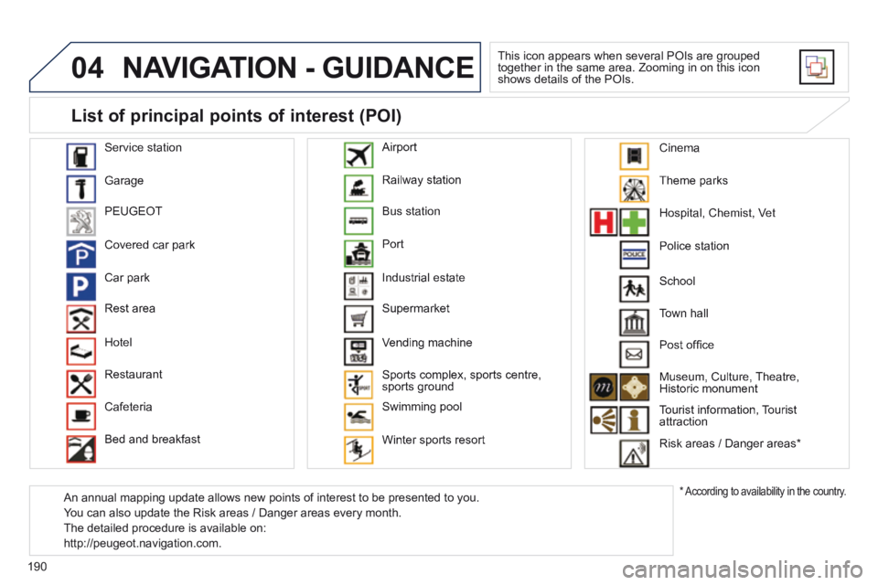 PEUGEOT 308 CC 2013  Owners Manual 04
190
 NAVIGATION - GUIDANCE 
 This icon appears when several POIs are grouped together in the same area. Zooming in on this icon shows details of the POIs. 
  Service  station 
 Garage 
 PEUGEOT 
 C
