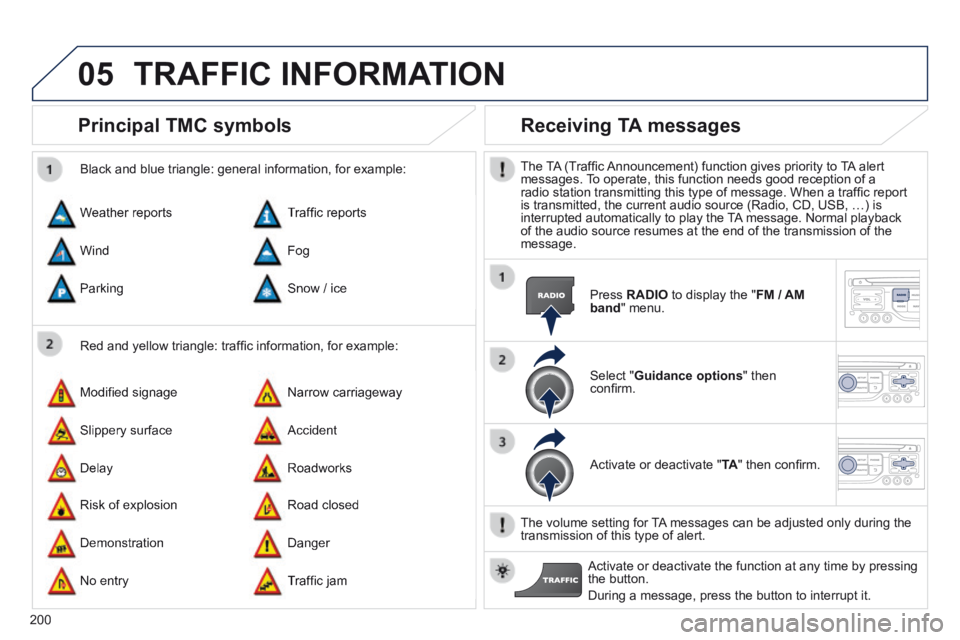 PEUGEOT 308 CC 2013 Owners Manual 05
200
Principal TMC symbols
Red and yellow triangle: traffi c information, for example:
Black and blue triangle: general information, for example:
Weather reports
Modifi ed signage
Ris PEUGEOT 308 CC 2013 Owners Manual 05
200
Principal TMC symbols
Red and yellow triangle: traffi c information, for example:
Black and blue triangle: general information, for example:
Weather reports
Modifi ed signage
Ris