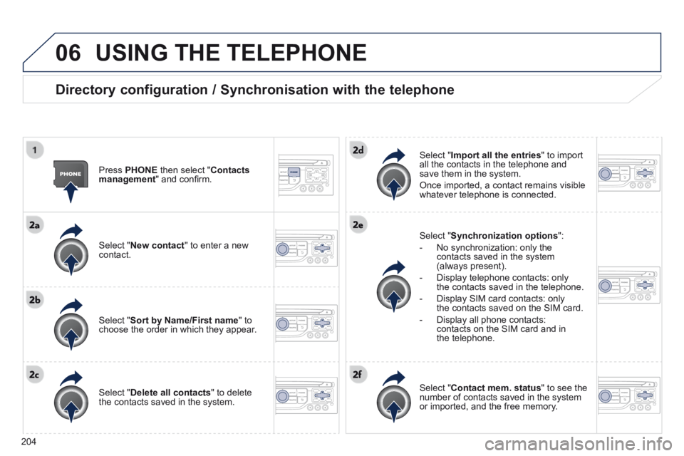 PEUGEOT 308 CC 2013  Owners Manual 06
204
 USING THE TELEPHONE 
  Directory configuration / Synchronisation with the telephone 
  Press   PHONE  then select " Contacts management " and conﬁ rm.  
  Select  " New contact " to ente