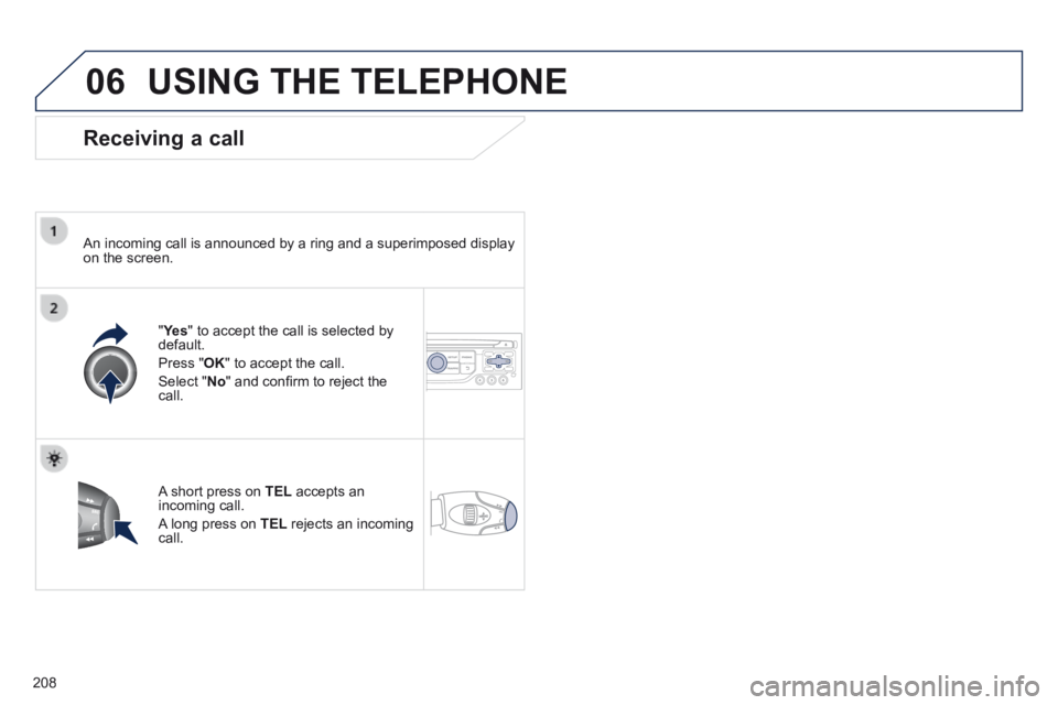 PEUGEOT 308 CC 2013  Owners Manual 06
208
 USING THE TELEPHONE 
  Receiving  a  call 
  An incoming call is announced by a ring and a superimposed display on the screen.  
  " Ye s  " Ye s  "  " to accept the call is selected by defaul