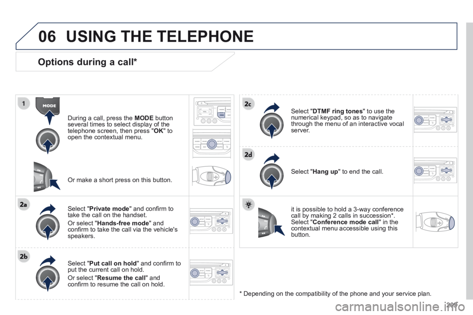 PEUGEOT 308 CC 2013 Owners Manual 06
209
Options during a call *
During a call, press the MODE button several times to select display of the telephone screen, then press " OK " to open the contextual menu.
Select " P PEUGEOT 308 CC 2013 Owners Manual 06
209
Options during a call *
During a call, press the MODE button several times to select display of the telephone screen, then press " OK " to open the contextual menu.
Select " P