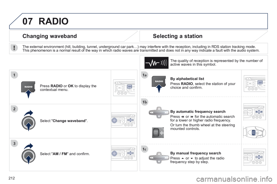 PEUGEOT 308 CC 2013 Owners Manual 07
212
By alphabetical list
Press RADIO , select the station of your choice and confi rm.
By automatic frequency search
Press or for the automatic search for a lower or hig PEUGEOT 308 CC 2013 Owners Manual 07
212
By alphabetical list
Press RADIO , select the station of your choice and confi rm.
By automatic frequency search
Press or for the automatic search for a lower or hig