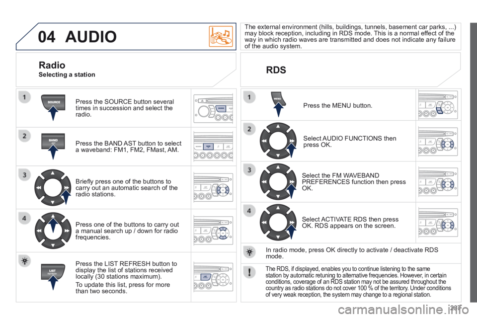 PEUGEOT 308 CC 2013 Owners Manual 04
237
AUDIO
Press the SOURCE button several times in succession and select the radio.
Press the BAND AST button to select a waveband: FM1, FM2, FMast, AM.
Briefl y press one of the button PEUGEOT 308 CC 2013 Owners Manual 04
237
AUDIO
Press the SOURCE button several times in succession and select the radio.
Press the BAND AST button to select a waveband: FM1, FM2, FMast, AM.
Briefl y press one of the button