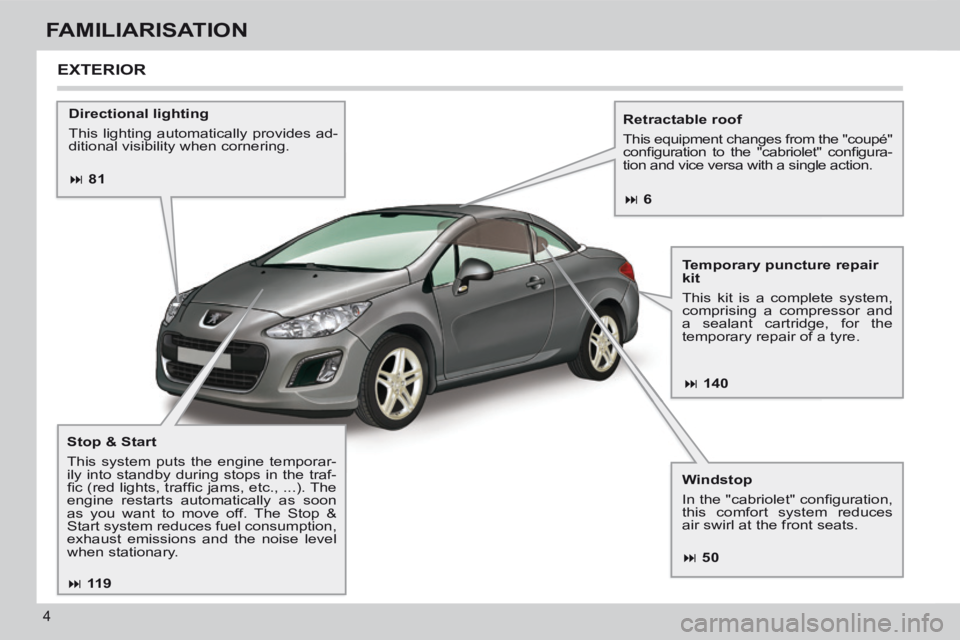PEUGEOT 308 CC 2013  Owners Manual  81 140
 50
 11 9
 6
4
FAMILIARISATION
  Directional  lighting 
 This lighting automatically provides ad-
ditional visibility when cornering.     Retractable  roof 
 This equipment chan