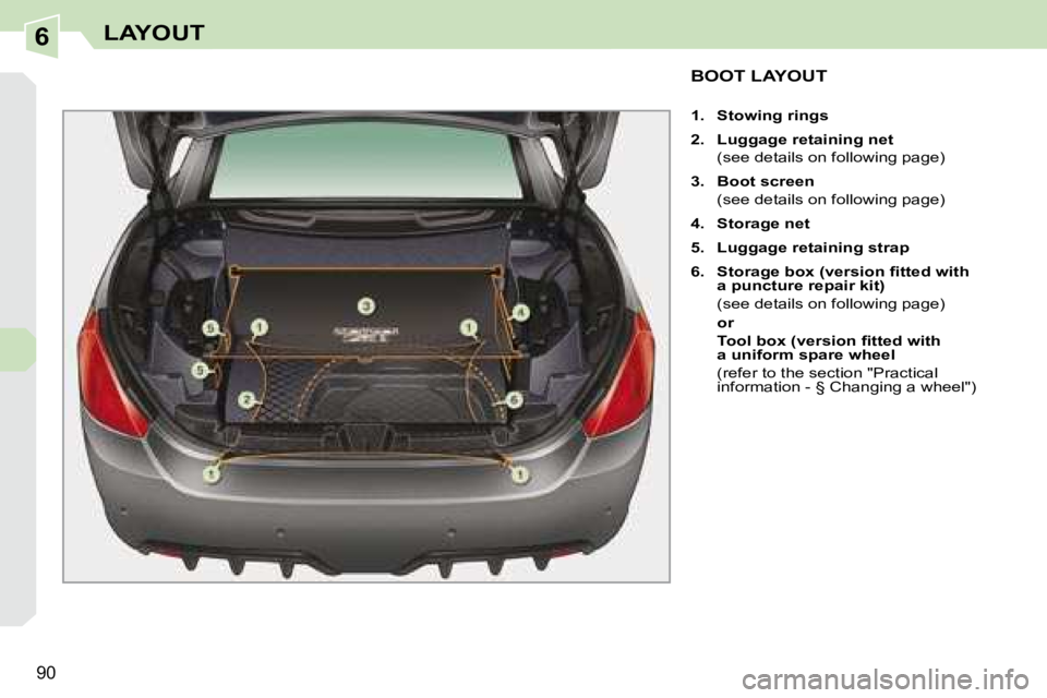 PEUGEOT 308 CC DAG 2008  Owners Manual 6
90
LAYOUT
           BOOT LAYOUT 
   
1.     Stowing rings   
  
2.     Luggage retaining net     
  (see details on following page)  
  
3.     Boot screen     
  (see details on following page) 
 