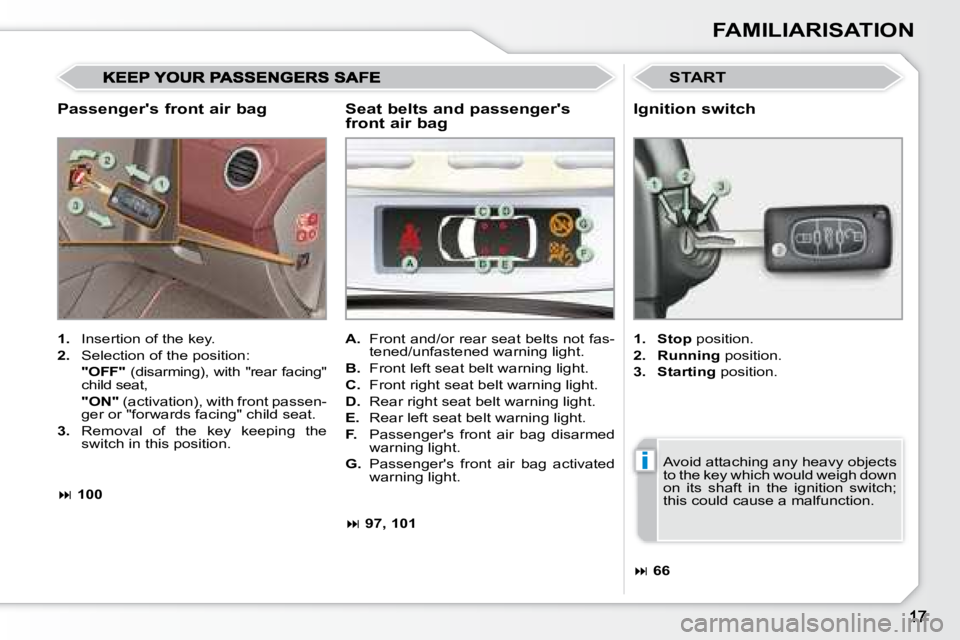 PEUGEOT 308 CC DAG 2008 User Guide i
FAMILIARISATION
  Passenger's front air bag 
 START 
   
1.    Insertion of the key. 
  
2.    Selection of the position:  
    "OFF"    (disarming),  with  "rear  facing" 
child seat,  