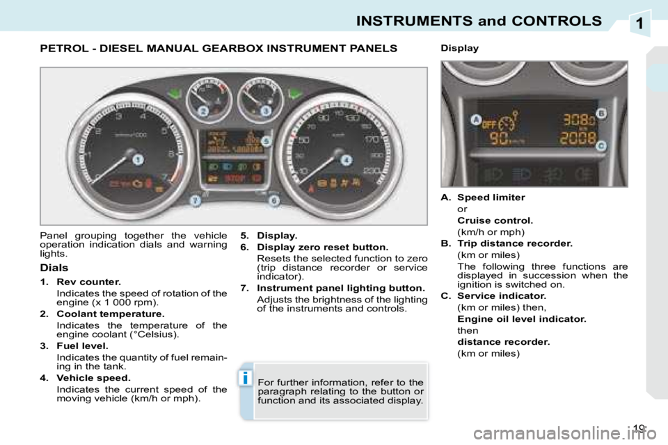 PEUGEOT 308 CC DAG 2008  Owners Manual 1
i
19
INSTRUMENTS and CONTROLS
             PETROL - DIESEL MANUAL GEARBOX INSTRUMENT PANELS 
 Panel  grouping  together  the  vehicle  
operation  indication  dials  and  warning 
lights.   
5.     