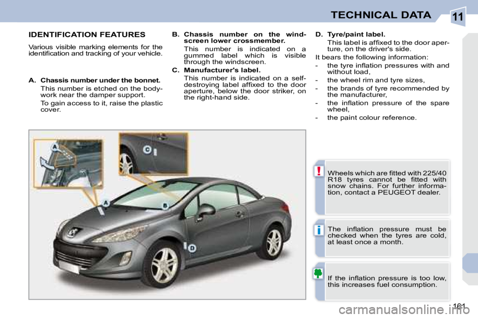 PEUGEOT 308 CC DAG 2008  Owners Manual 11
!
i
161
TECHNICAL DATA
                   IDENTIFICATION FEATURES 
 Various  visible  marking  elements  for  the  
�i�d�e�n�t�i�ﬁ� �c�a�t�i�o�n� �a�n�d� �t�r�a�c�k�i�n�g� �o�f� �y�o�u�r� �v�e�h�