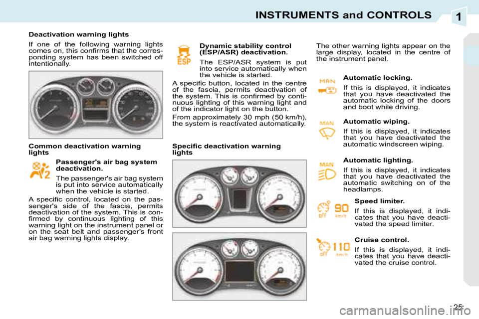 PEUGEOT 308 CC DAG 2008 Owners Manual 1
25
INSTRUMENTS and CONTROLS
   Deactivation warning lights  
 If  one  of  the  following  warning  lights  
�c�o�m�e�s� �o�n�,� �t�h�i�s� �c�o�n�ﬁ� �r�m�s� �t�h�a�t� �t�h�e� �c�o�r�r�e�s�-
pondin