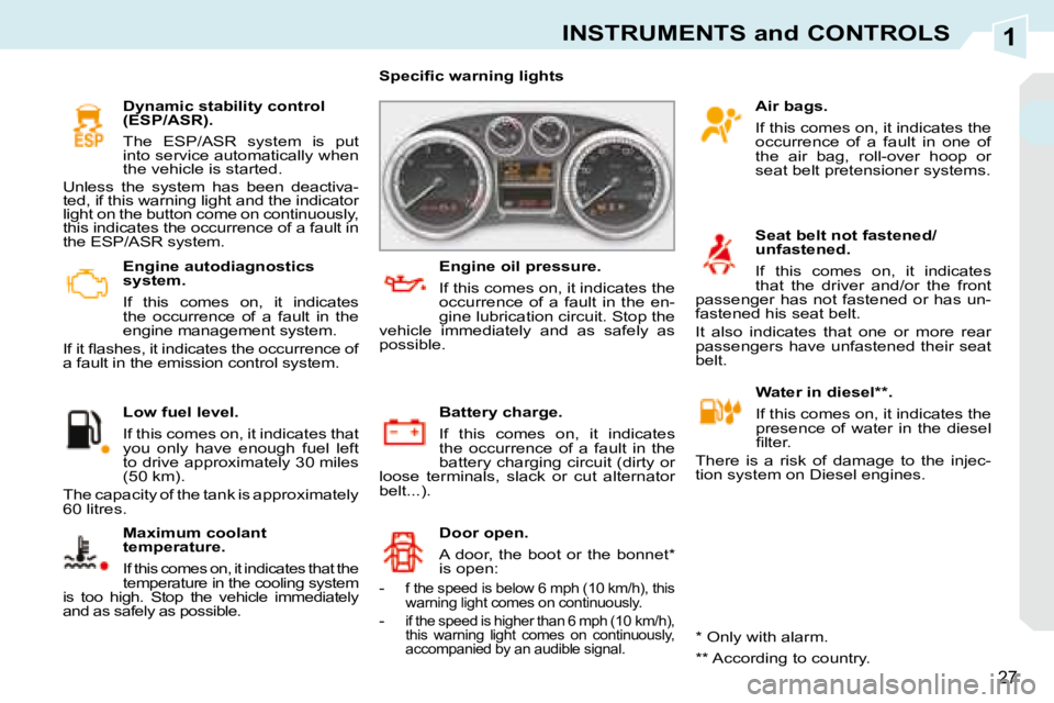 PEUGEOT 308 CC DAG 2008 Owners Manual 1
27
INSTRUMENTS and CONTROLS
   Engine autodiagnostics  
system.  
 If  this  comes  on,  it  indicates  
the  occurrence  of  a  fault  in  the 
 engine management system. 
� �I�f� �i�t� �ﬂ� �a�s�