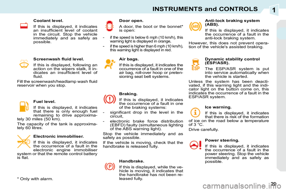 PEUGEOT 308 CC DAG 2008  Owners Manual 1INSTRUMENTS and CONTROLS
  Air bags.  
  If this is displayed, it indicates the  
occurrence of a fault in one of the 
air bag, roll-over hoop or preten-
sioning seat belt systems.   
  Braking.  
 I