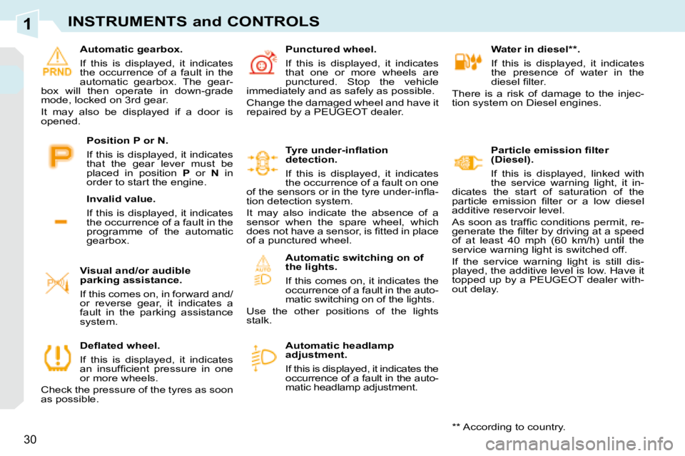 PEUGEOT 308 CC DAG 2008  Owners Manual 1
30
INSTRUMENTS and CONTROLS
   Water in diesel ** .  
 If  this  is  displayed,  it  indicates  
the  presence  of  water  in  the 
�d�i�e�s�e�l� �ﬁ� �l�t�e�r�.� 
 There  is  a  risk  of  damage  