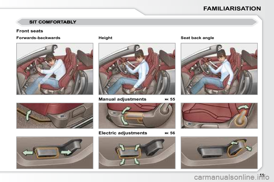 PEUGEOT 308 CC DAG 2008  Owners Manual FAMILIARISATION
  Front seats 
  Manual adjustments  
  Electric adjustments 
  Forwards-backwards  
  
 
�   55    
  
 
�   56     Seat back angle   
  Height                 