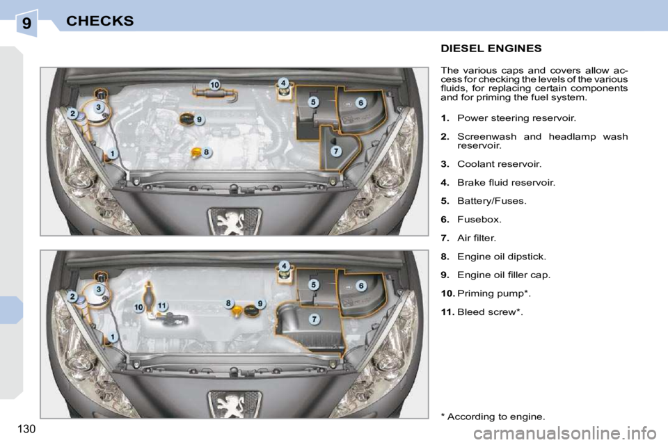 PEUGEOT 308 CC DAG 2010  Owners Manual 9
130
CHECKS
DIESEL ENGINES 
 The  various  caps  and  covers  allow  ac- 
cess for checking the levels of the various 
�ﬂ� �u�i�d�s�,�  �f�o�r�  �r�e�p�l�a�c�i�n�g�  �c�e�r�t�a�i�n�  �c�o�m�p�o�n�e