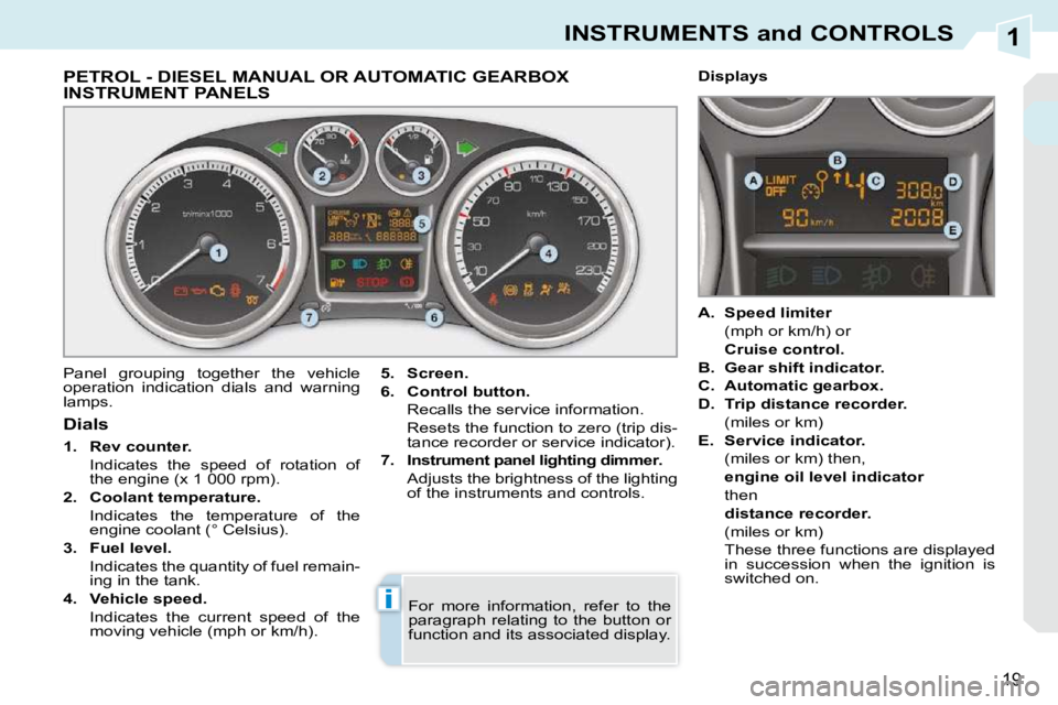 PEUGEOT 308 CC DAG 2010 User Guide 1
i
19
INSTRUMENTS and CONTROLS
PETROL - DIESEL MANUAL OR AUTOMATIC GEARBOX INSTRUMENT PANELS 
 Panel  grouping  together  the  vehicle  
operation  indication  dials  and  warning 
lamps.   
5.     S