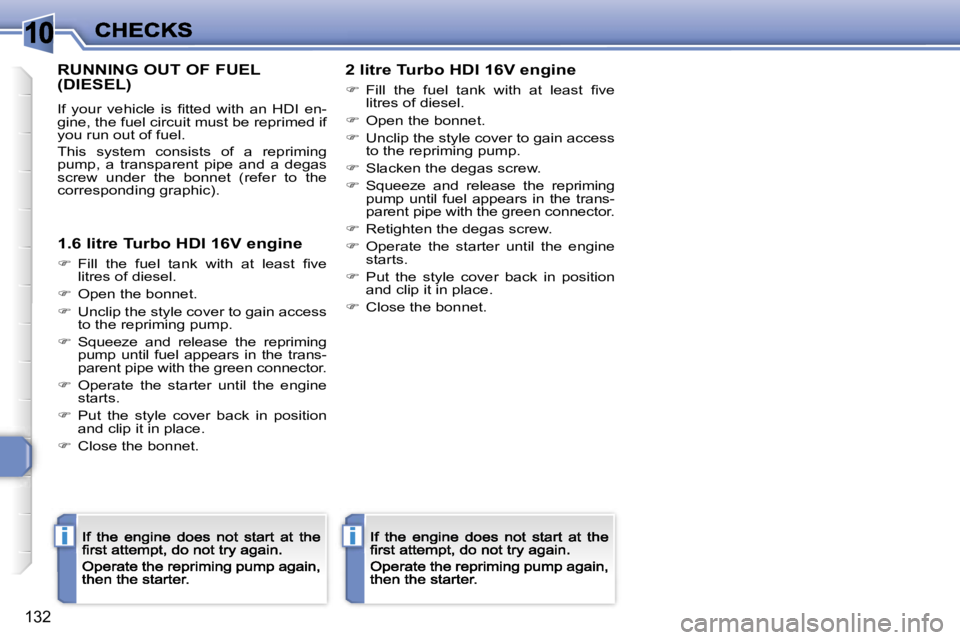 PEUGEOT 308 DAG 2007  Owners Manual �1�0
�i�i
�1�3�2
�R�U�N�N�I�N�G� �O�U�T� �O�F� �F�U�E�L�  
�(�D�I�E�S�E�L�)
�I�f�  �y�o�u�r�  �v�e�h�i�c�l�e�  �i�s�  �ﬁ�t�t�e�d�  �w�i�t�h�  �a�n�  �H�D�I�  �e�n�-�g�i�n�e�,� �t�h�e� �f�u�e�l� �c�i