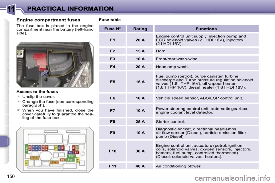 PEUGEOT 308 DAG 2007  Owners Manual �1�1
�1�5�0
�E�n�g�i�n�e� �c�o�m�p�a�r�t�m�e�n�t� �f�u�s�e�s
�T�h�e�  �f�u�s�e�  �b�o�x�  �i�s�  �p�l�a�c�e�d�  �i�n�  �t�h�e�  �e�n�g�i�n�e� �c�o�m�p�a�r�t�m�e�n�t� �n�e�a�r� �t�h�e� �b�a�t�t�e�r�y� 