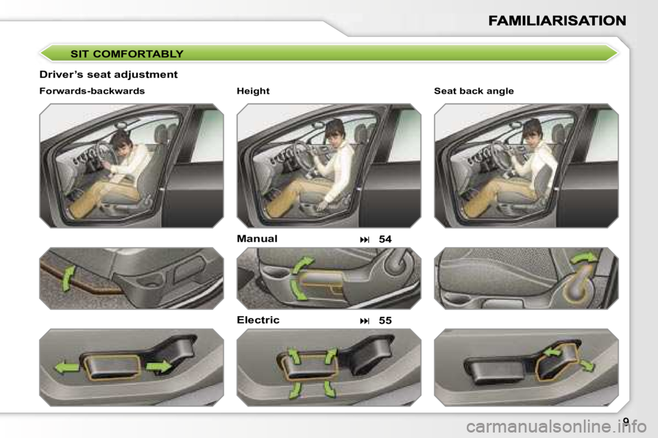 PEUGEOT 308 DAG 2007  Owners Manual �S�I�T� �C�O�M�F�O�R�T�A�B�L�Y
�D�r�i�v�e�r�’�s� �s�e�a�t� �a�d�j�u�s�t�m�e�n�t
�M�a�n�u�a�l
�E�l�e�c�t�r�i�c
�F�o�r�w�a�r�d�s�-�b�a�c�k�w�a�r�d�s
��5�4
��5�5
�S�e�a�t� �b�a�c�k� �a�n�g�l�e�H�