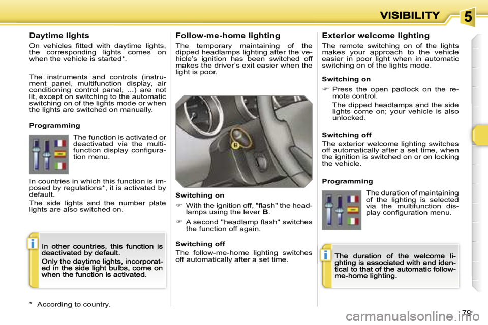 PEUGEOT 308 DAG 2007 Manual Online �i
�i
�7�9
�F�o�l�l�o�w�-�m�e�-�h�o�m�e� �l�i�g�h�t�i�n�g
�T�h�e�  �t�e�m�p�o�r�a�r�y�  �m�a�i�n�t�a�i�n�i�n�g�  �o�f�  �t�h�e� �d�i�p�p�e�d� �h�e�a�d�l�a�m�p�s� �l�i�g�h�t�i�n�g� �a�f�t�e�r� �t�h�e� 