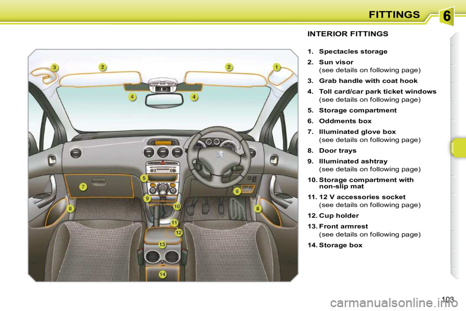 PEUGEOT 308 SW BL 2009  Owners Manual 103
FITTINGS
               INTERIOR FITTINGS 
   
1.     Spectacles storage   
  
2.     Sun visor    
  (see details on following page)  
  
3.     Grab handle with coat hook   
  
4.     Toll card/
