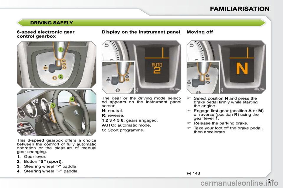 PEUGEOT 308 SW BL 2009  Owners Manual  This  6-speed  gearbox  offers  a  choice  
between  the  comfort  of  fully  automatic 
operation  or  the  pleasure  of  manual 
gear changing.  
   
1.    Gear lever. 
  
2.    Button   "S" (sport