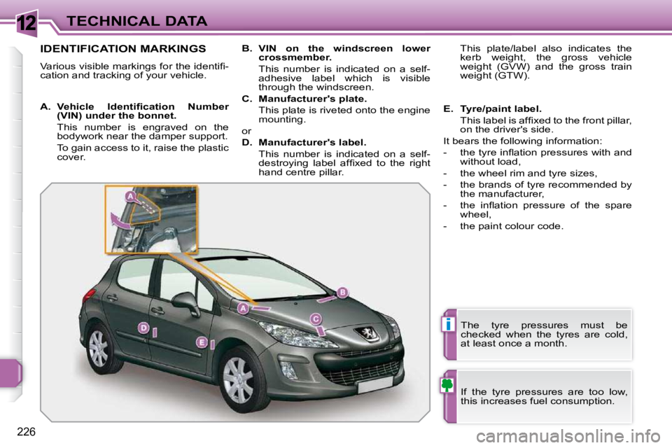 PEUGEOT 308 SW BL 2009  Owners Manual 12
i
226
TECHNICAL DATA
IDENTIFICATION MARKINGS 
� �V�a�r�i�o�u�s� �v�i�s�i�b�l�e� �m�a�r�k�i�n�g�s� �f�o�r� �t�h�e� �i�d�e�n�t�i�ﬁ� �- 
cation and tracking of your vehicle.   If  the  tyre  pressur