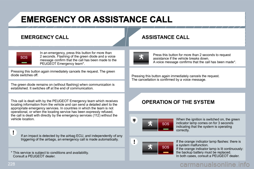 PEUGEOT 308 SW BL 2009  Owners Manual 228
  EMERGENCY CALL   ASSISTANCE CALL 
  OPERATION OF THE SYSTEM 
  In an emergency, press this button for more than 2 seconds. Flashing of the green diode and a voice �m�e�s�s�a�g�e� �c�o�n�ﬁ� �r�