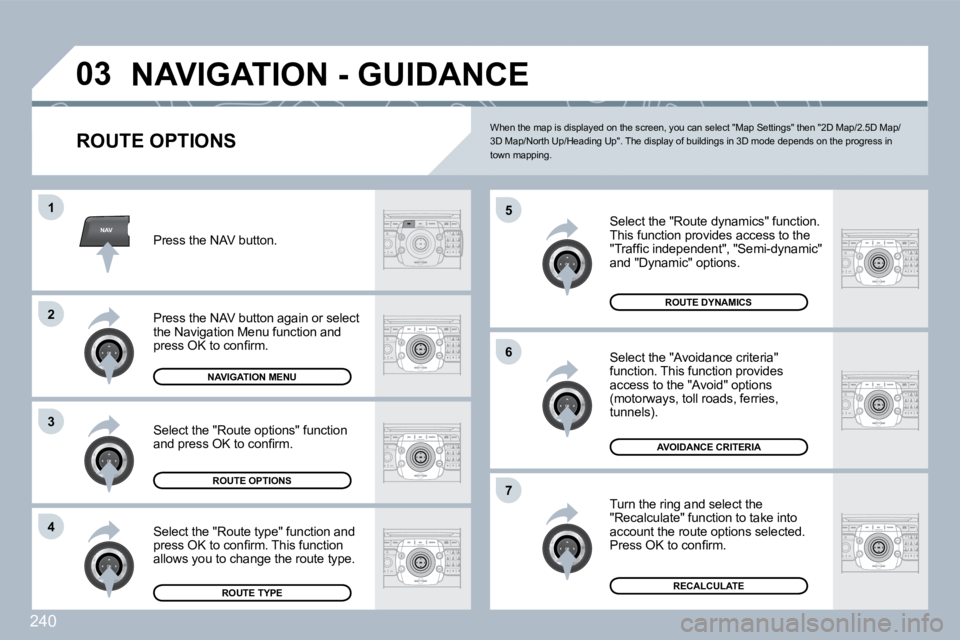 PEUGEOT 308 SW BL 2009  Owners Manual 240
NAV
�0�3
�5
�6
�7
�1
�2
�3
�4
� �N�A�V�I�G�A�T�I�O�N� �-� �G�U�I�D�A�N�C�E� 
  ROUTE OPTIONS 
  Select the "Route dynamics" function.  This function provides access to the �"�T�r�a�f�ﬁ� �c� 